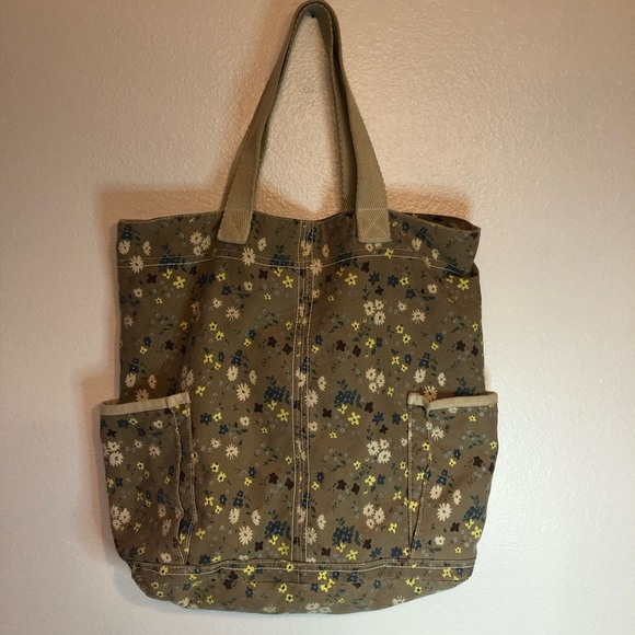 Handbags - Canvas Tote Bag Tan With Flowers